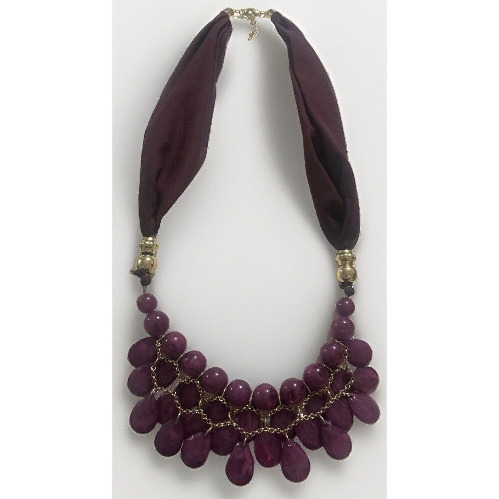 Purple Faceted Bib Statement Necklace Gold Tone Layered Fabric Beads Boho